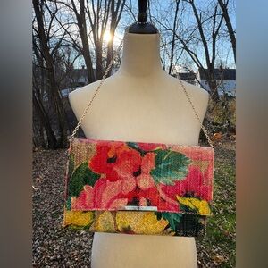 Jessica McClintock Vintage Floral Jacquard Clutch Bag w/ Gold Tone Strap